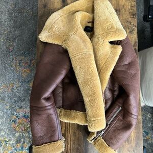 Brown Faux Leather Shearling Aviator Jacket with Honey Faux Sheepskin Trim